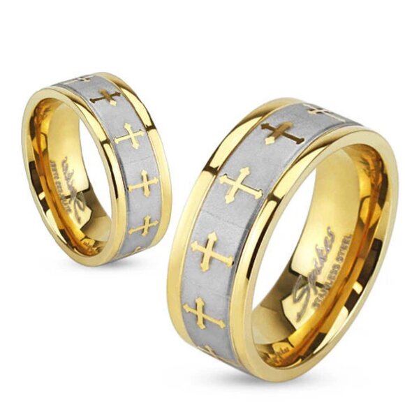 Two-Tone 14K Ion Plated Stainless Steel Ring with Gold French Crosses on Brush